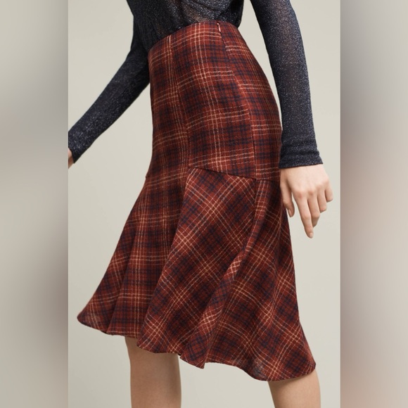 Anthropologie | Maeve red/navy plaid wool flared skirt 6 - Picture 3 of 13